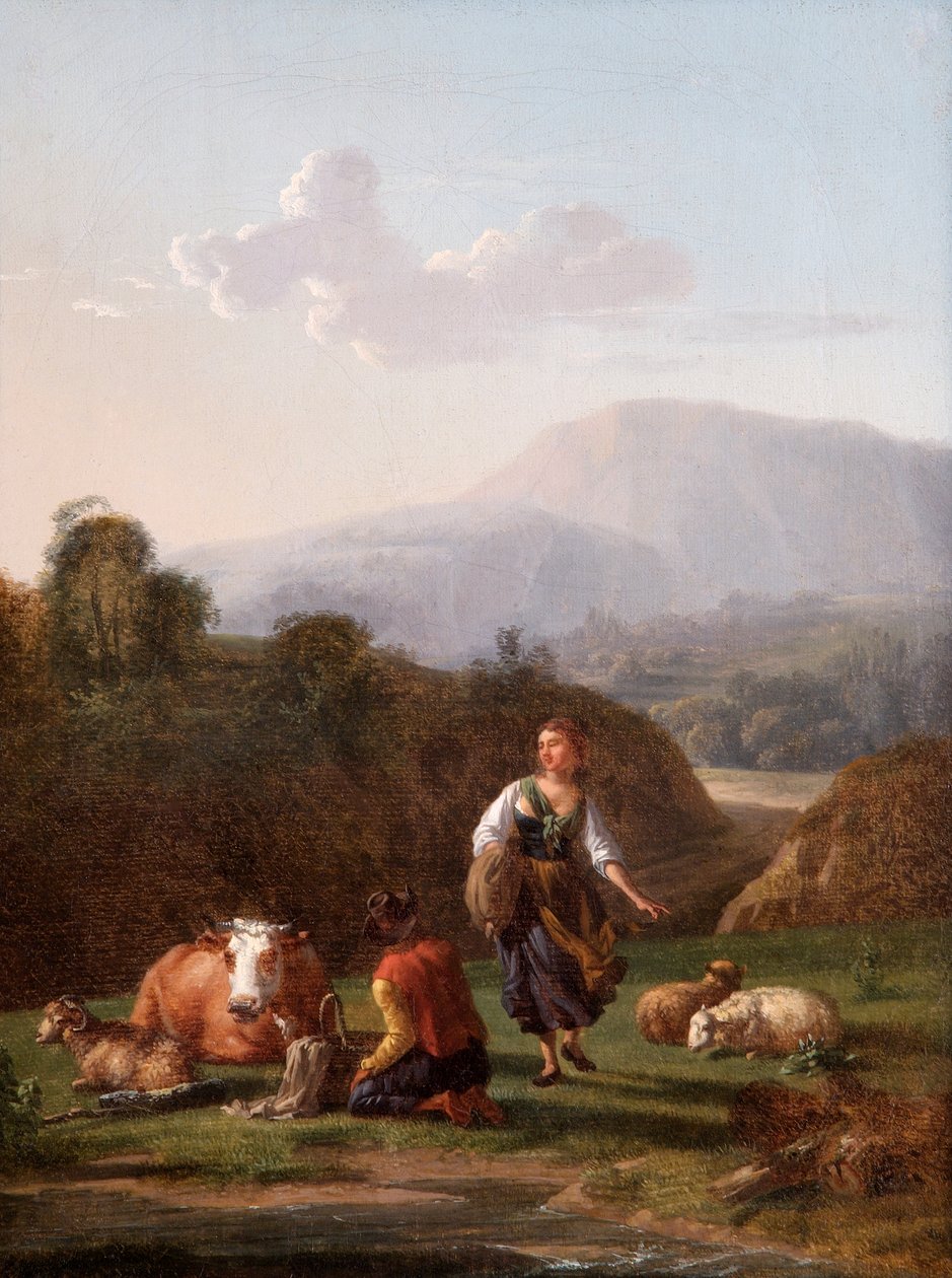 De rivieroever: landschap met figuren en vee door Karel Dujardin
