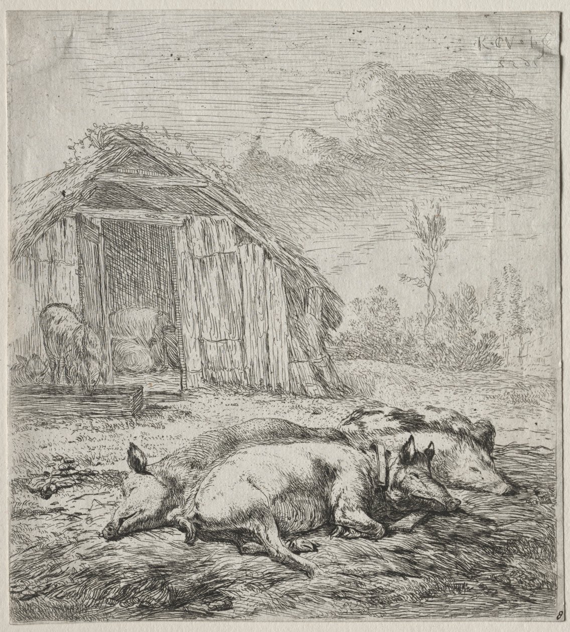 Drie Varkens Liggend voor een Hok door Karel Dujardin