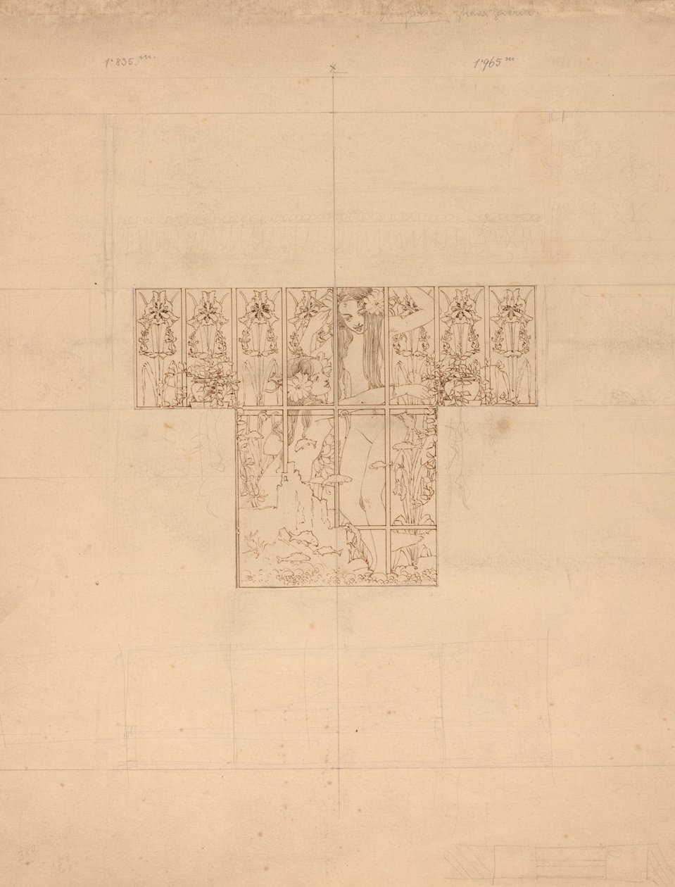 Naakt en Vis met Bloemen (Studie voor geëtst badkamerraam) door Karel Vitezslav Masek