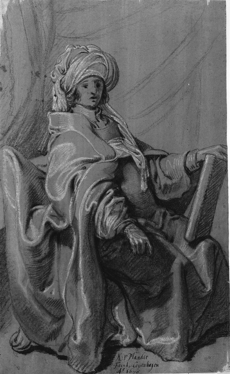 Zittende figuur in mantel en tulband, een boek houdend. Naar rechts gewend. door Karel van III Mander
