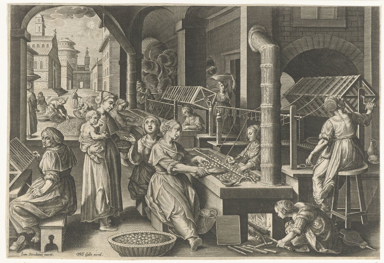 Haspelen van de zijde (Introductie van de zijderups en de zijdeproductie in Europa) (Vermis Sericus) door Karel van Mallery