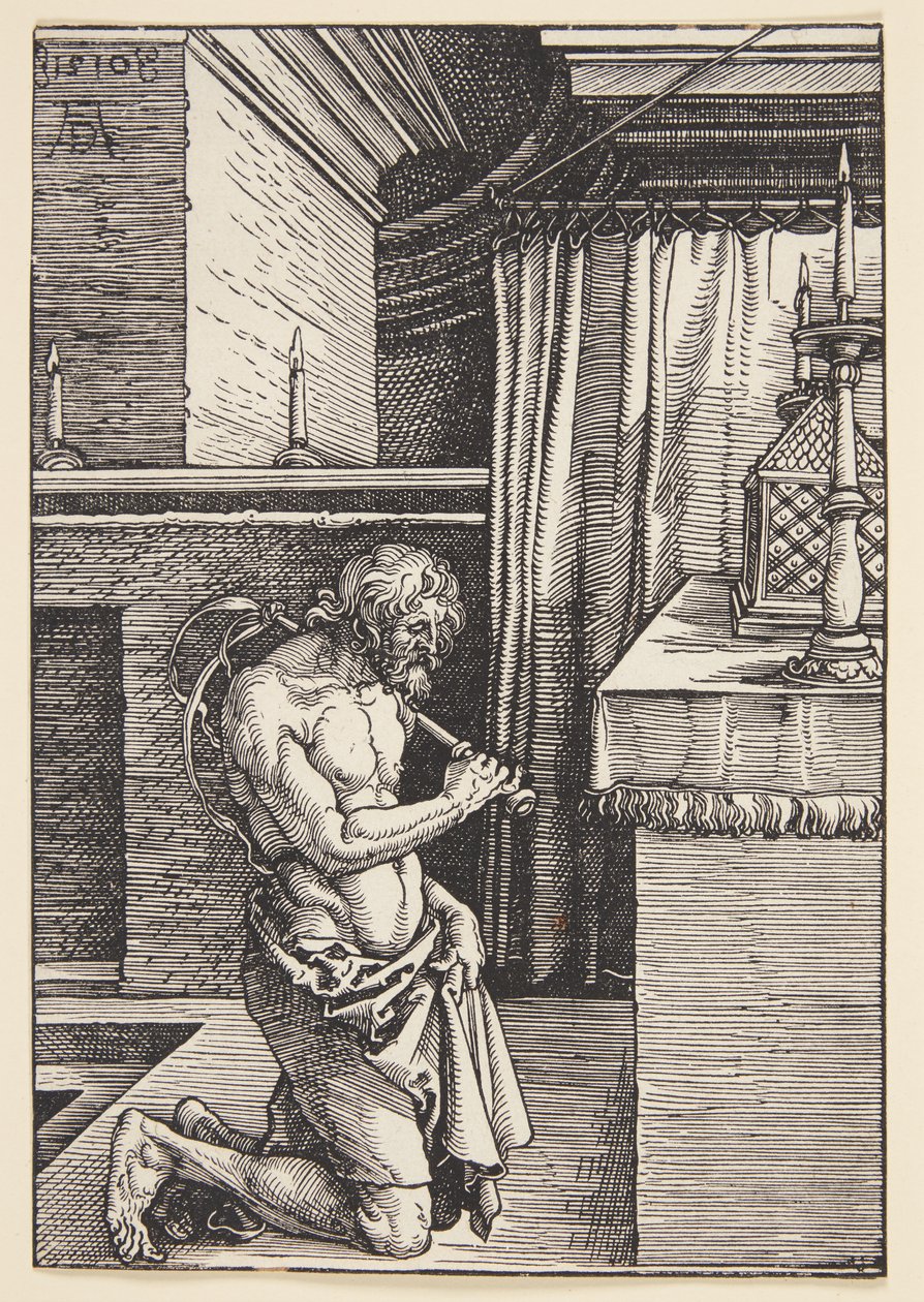 Oude man met tulband, staand met stok door Karel van der Pluym