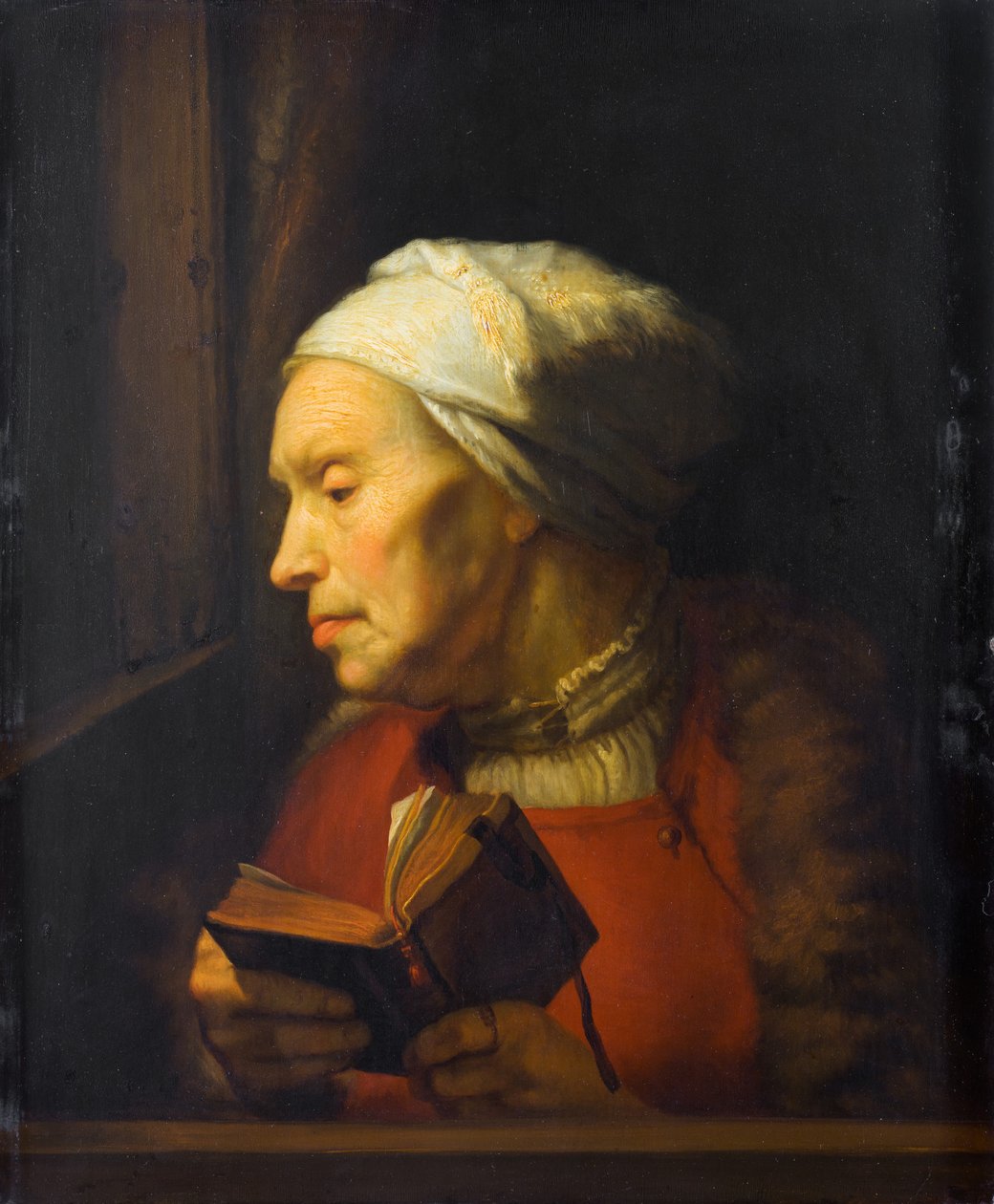 Portret van een oude vrouw met een open boek door Karel van der Pluym