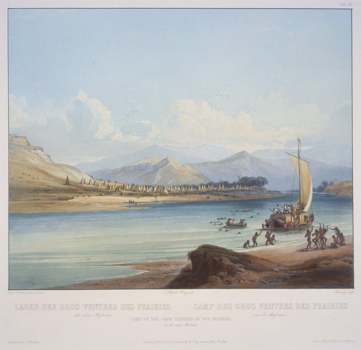 Kamp van de Gros Ventres van de Prairies aan de Boven-Missouri, gegraveerd door S. Himely, gepubliceerd in 1841 door Karl Bodmer