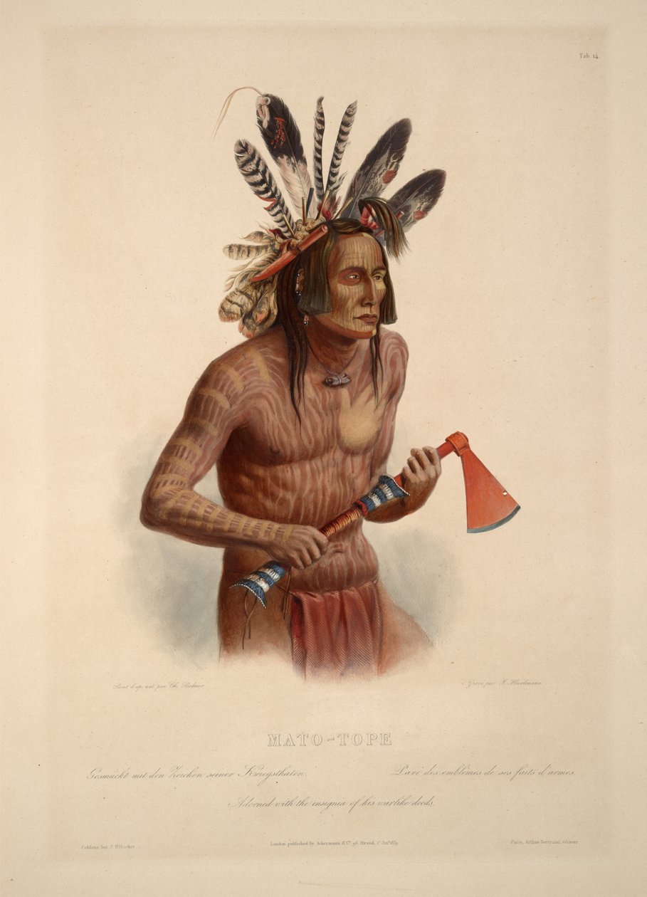 Mato-Tope versierd met de insignes van zijn krijgshaftige daden door Karl Bodmer