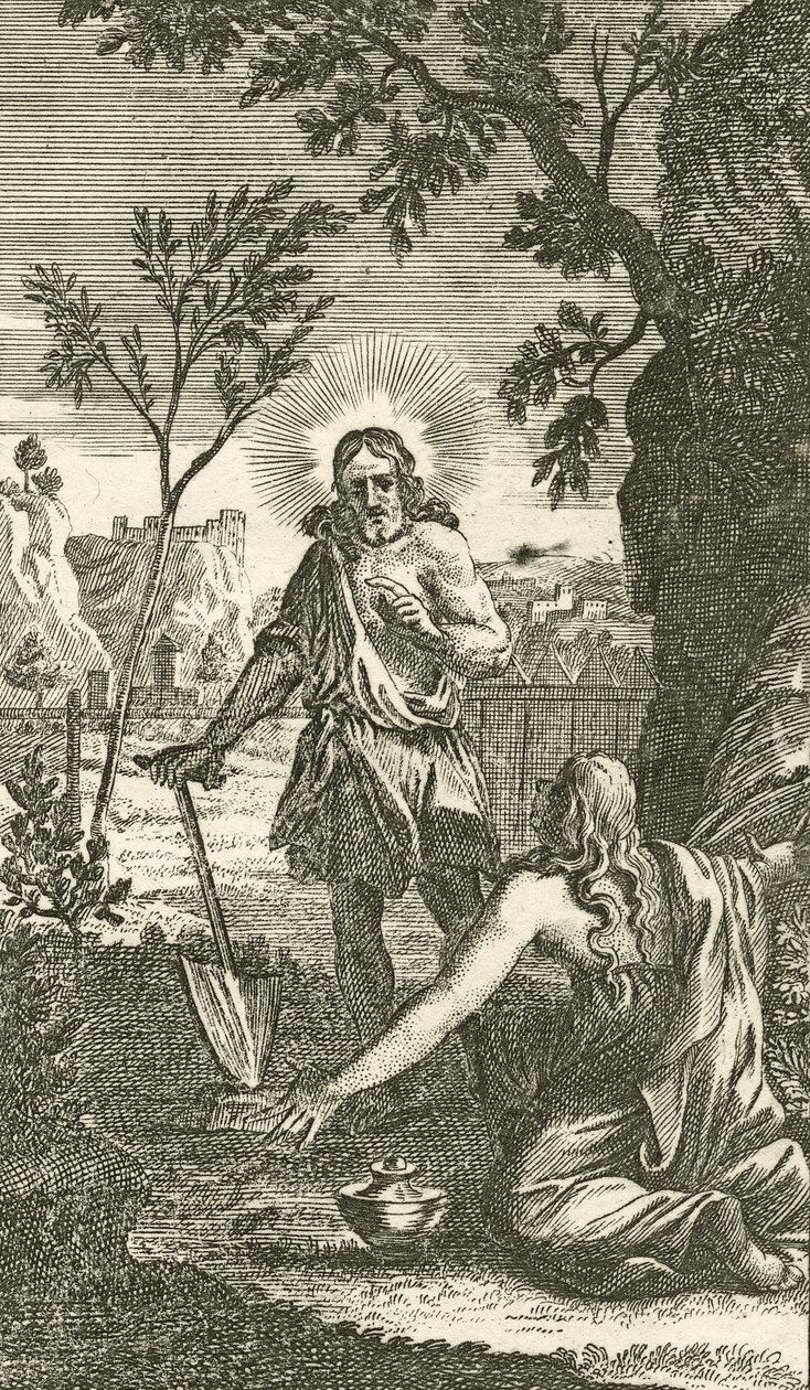 Jezus verschijnt als tuinman aan Maria Magdalena, uit een Duits devotioneel boek, 1709 door Karl Remshard