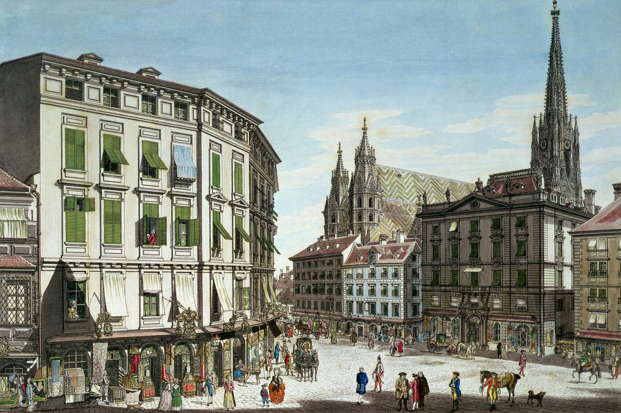 Stock-im-Eisen-Platz, met de Stephansdom op de achtergrond, gegraveerd door de kunstenaar, 1779 door Carl Schütz