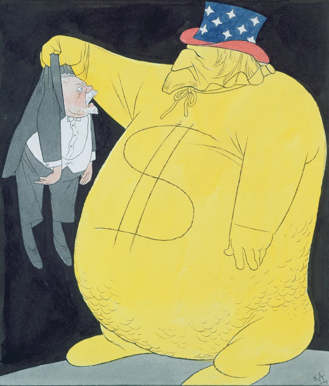 Uncle Sam als zak dollars met Poincare (aquarel, pen  inkt op papier) door Karl Arnold