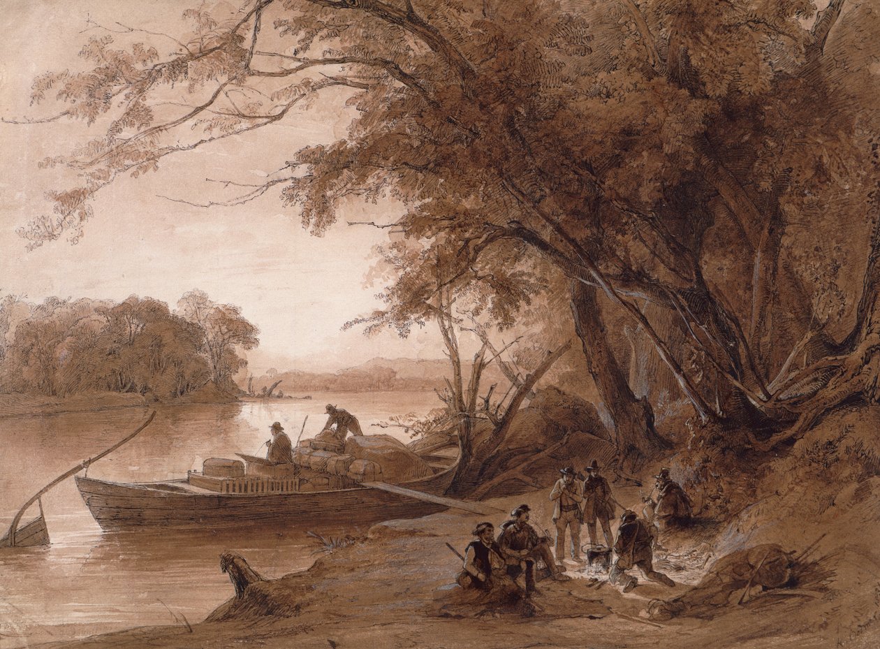 Kampement van de reizigers aan de Missouri door Karl Bodmer