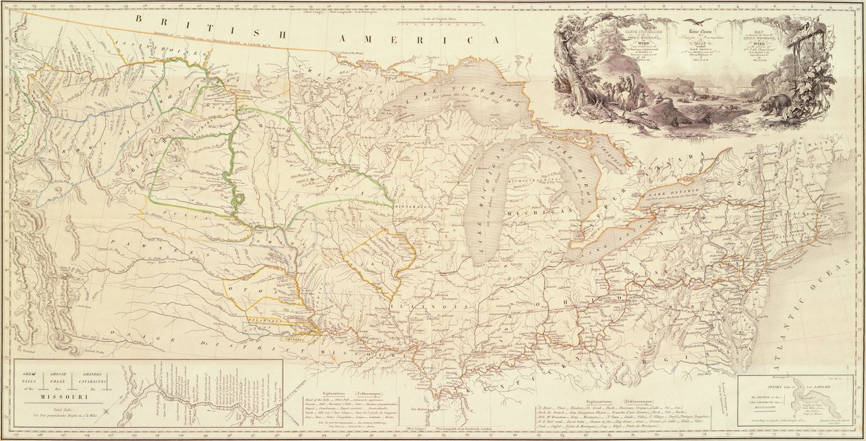 Kaart ter illustratie van de route van prins Maximiliaan van Wied in het binnenland van Noord-Amerika van Boston naar de Boven-Missouri door Karl Bodmer