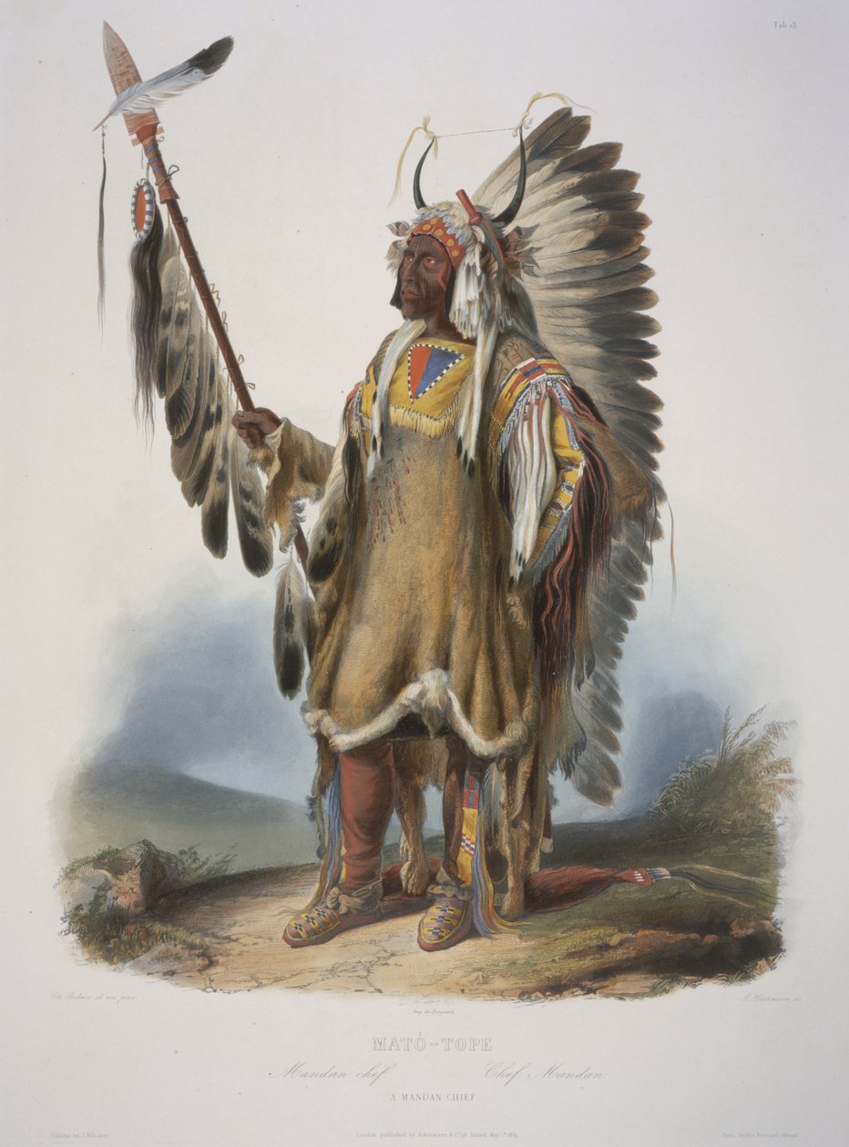 Mato-Tope, een Mandan-hoofdman, gegraveerd door J. Hurliman, gepubliceerd in 1839 door Karl Bodmer