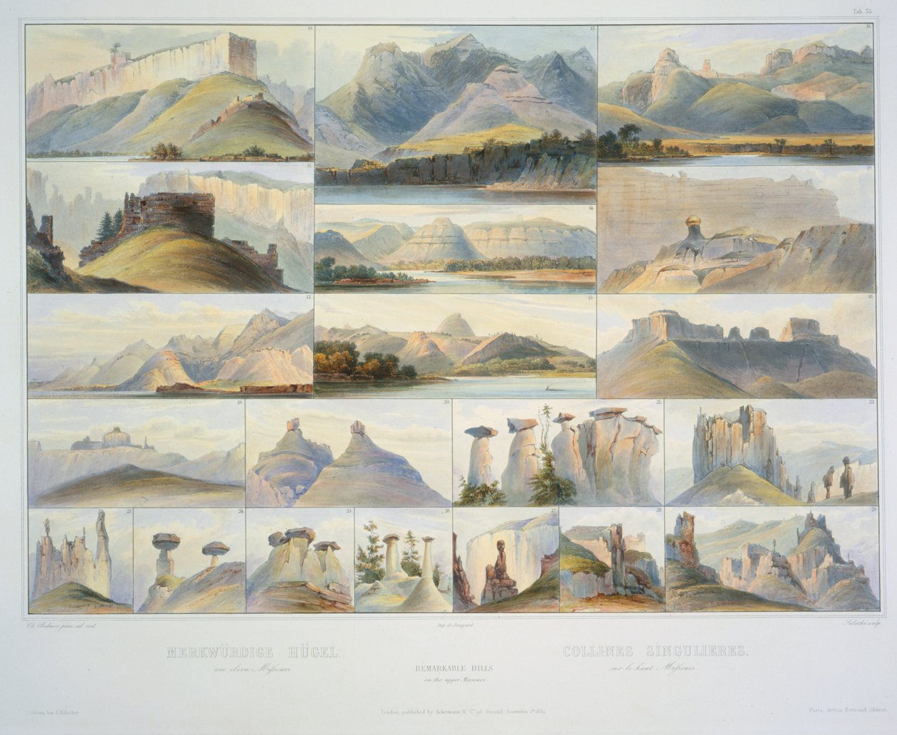 Opmerkelijke heuvels aan de bovenloop van de Missouri door Karl Bodmer