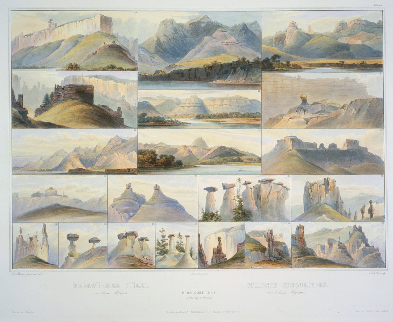 Opmerkelijke heuvels aan de bovenloop van de Missouri, gegraveerd door F. Salathe, gepubliceerd in 1839 door Karl Bodmer