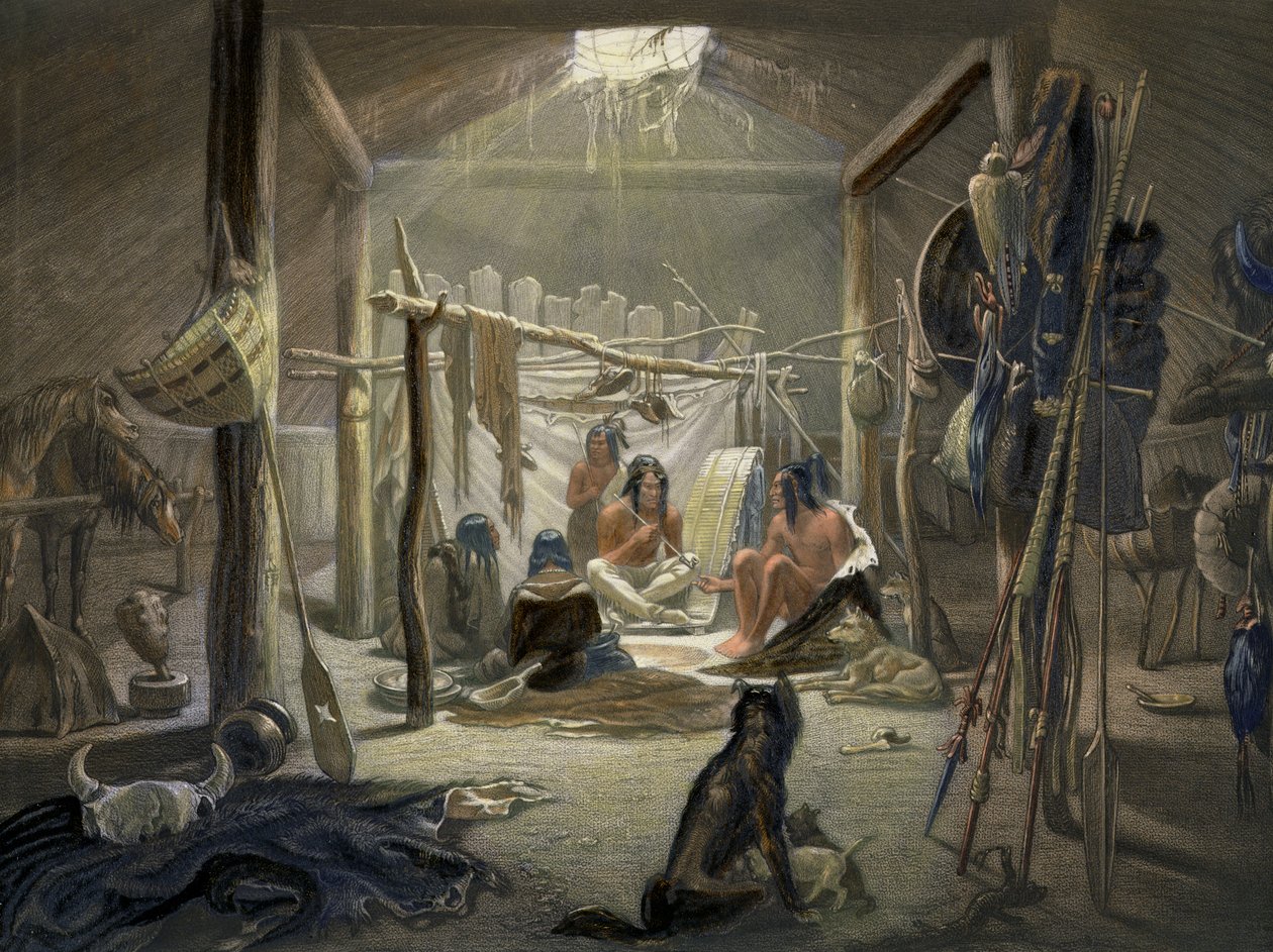 Het interieur van een hut van een Mandan-hoofdman, plaat 19 uit Volume 2 van Reizen in het Binnenland van Noord-Amerika, gegraveerd door Narcisse Desmadryl, 1844 (detail) door Karl Bodmer