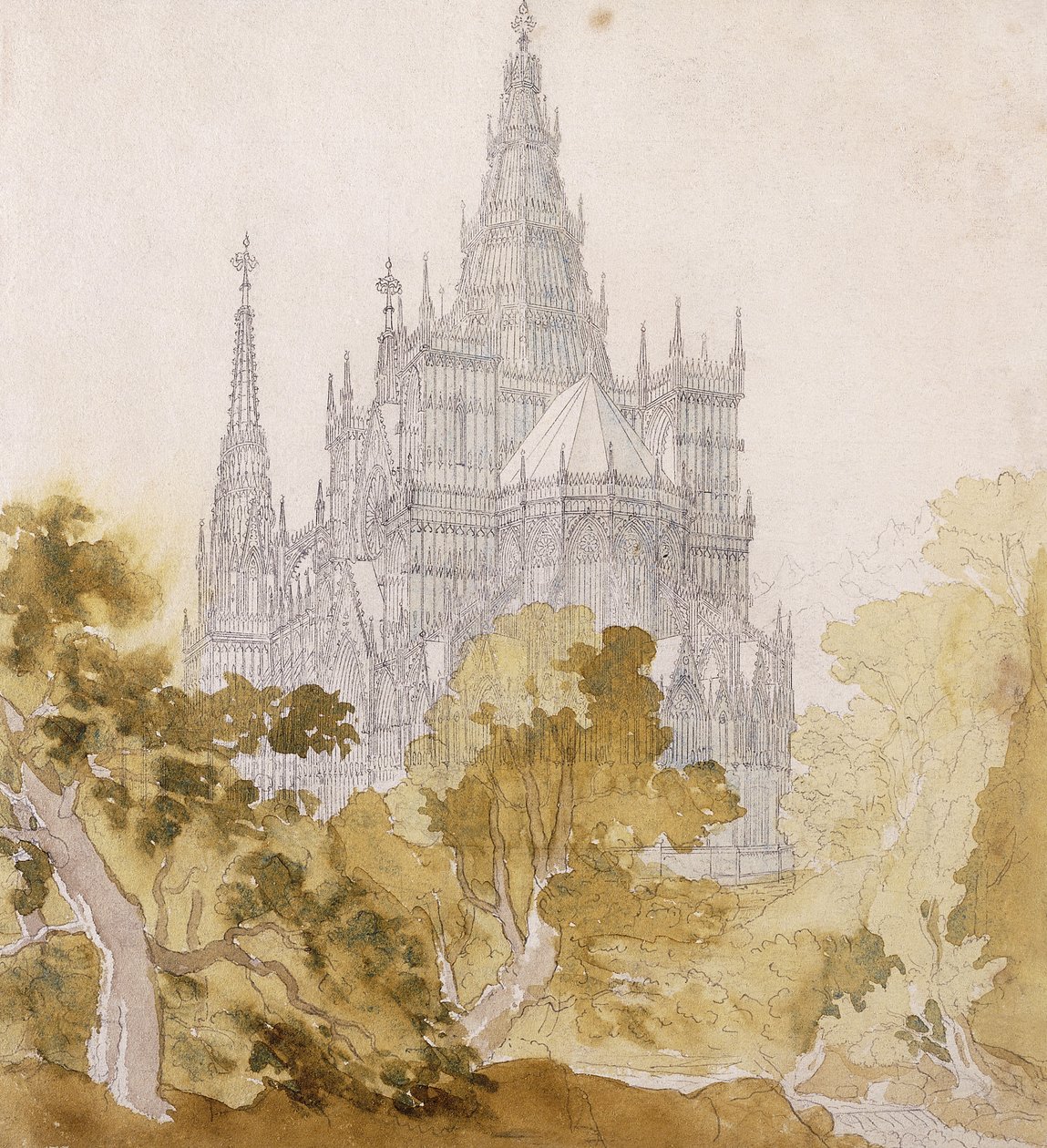 Een Gotische Kathedraal bij Bomen; Eine Gotische Kathedrale hinter Baumen, 1814-15 door Karl Friedrich Schinkel