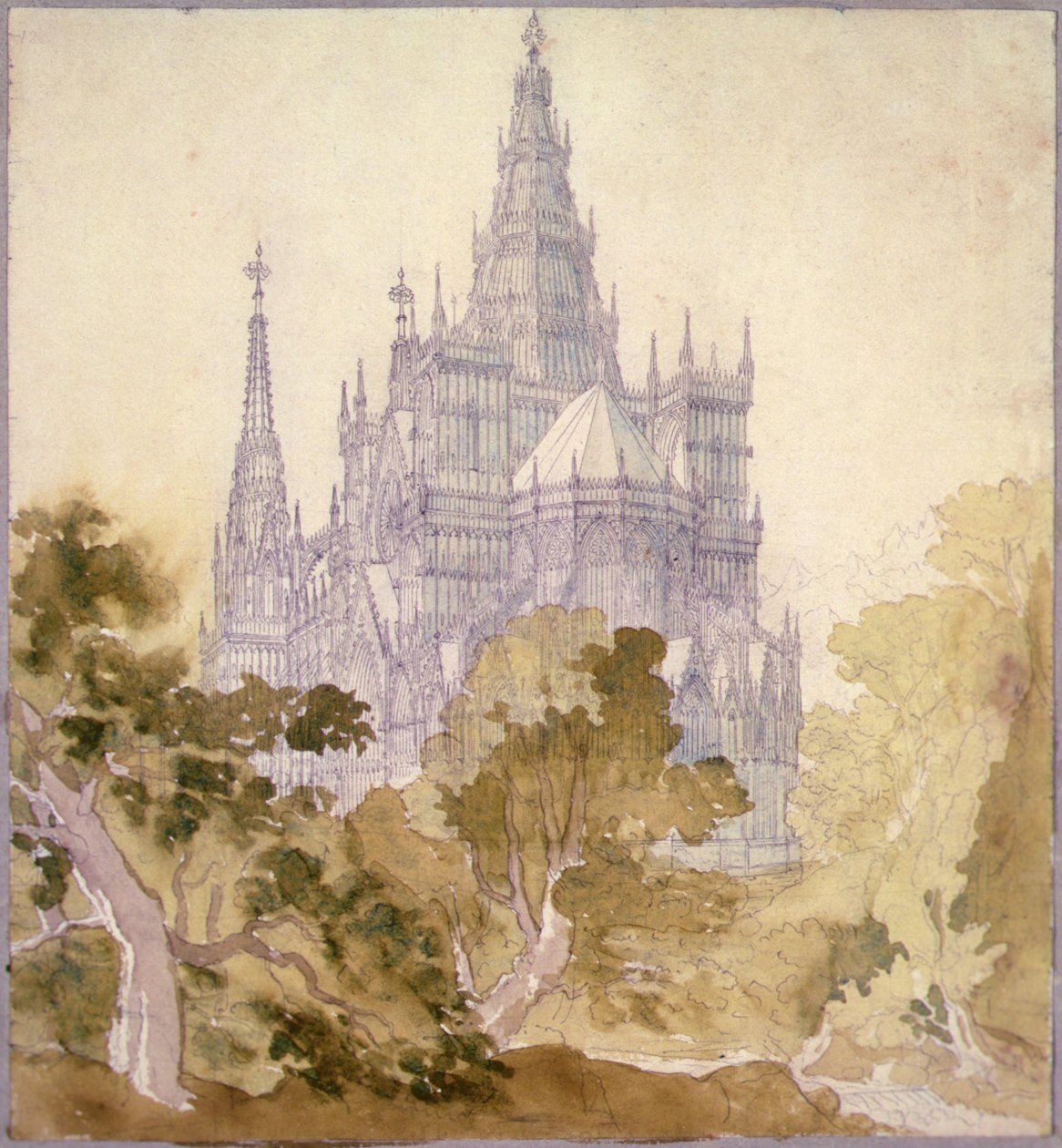 Een Bebost Landschap met een Gotische Kerk door Karl Friedrich Schinkel