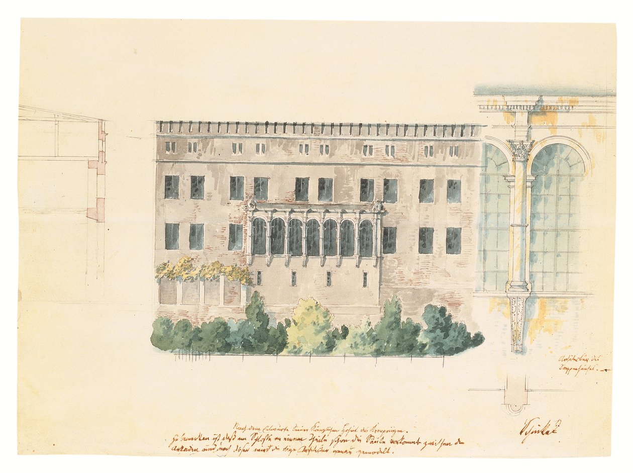 Een ontwerp voor een nieuwe trap voor de noordgevel van het Schloss in Stettin, met een aanvullende studie van de loggia, een dwarsdoorsnede van de gevel en een halfzuil, ca. 1840 door Karl Friedrich Schinkel