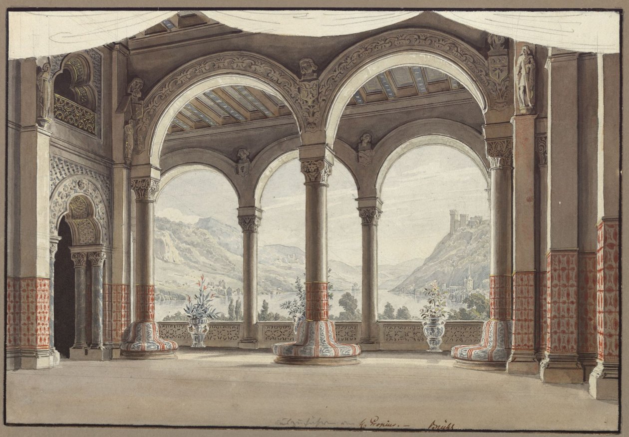 Agnes von Hohenstaufen. Opera van Gaspare Spontini. Ontwerp voor het tweede decor. Open zaal door Karl Friedrich Schinkel