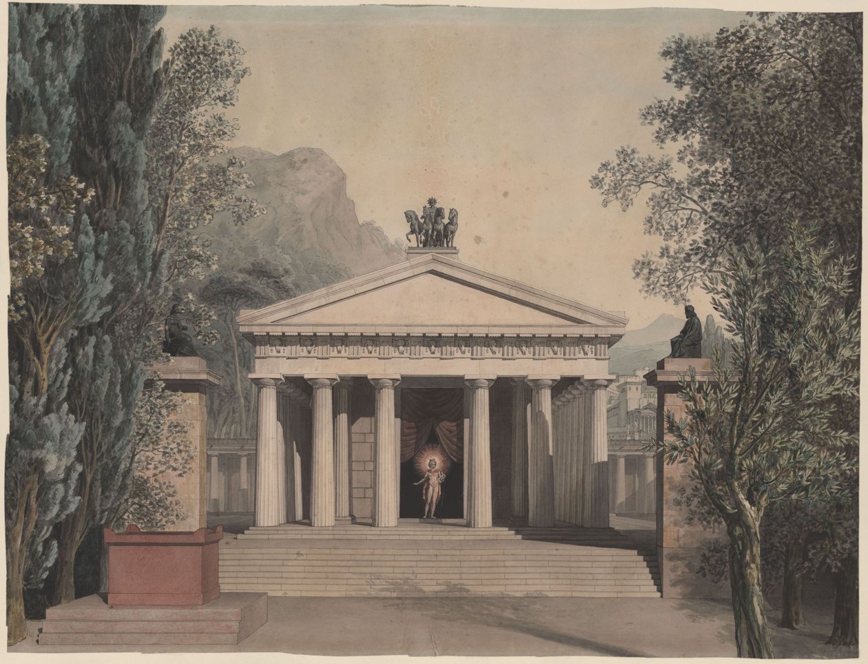Alceste (?). Opera van Christoph Willibald Gluck. Ontwerp voor een decor. Dorische tempel in een zuidelijk landschap door Karl Friedrich Schinkel