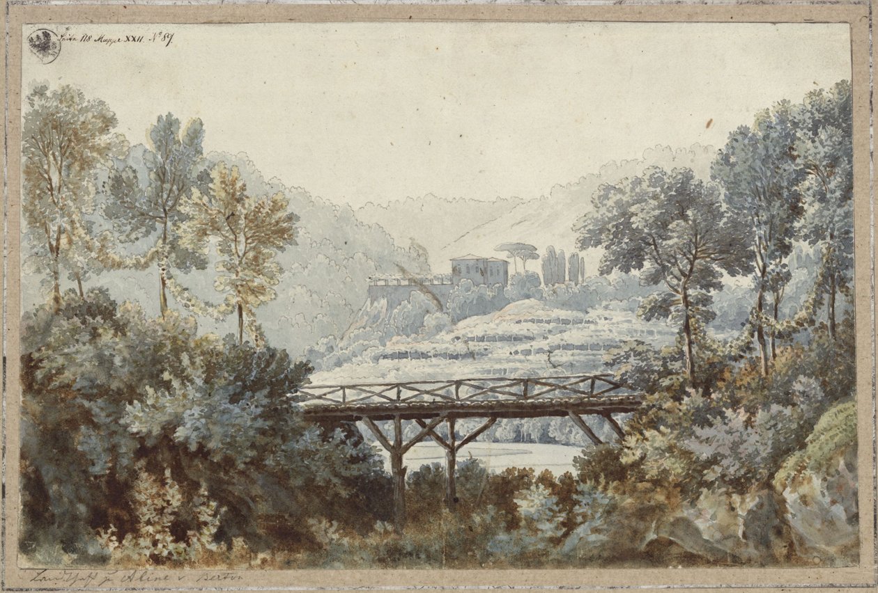 Aline, koningin van Golkonda. Opera van Henri-Montan Berton. Ontwerp voor de 2e decoratie. Landschap met rivier en brug door Karl Friedrich Schinkel