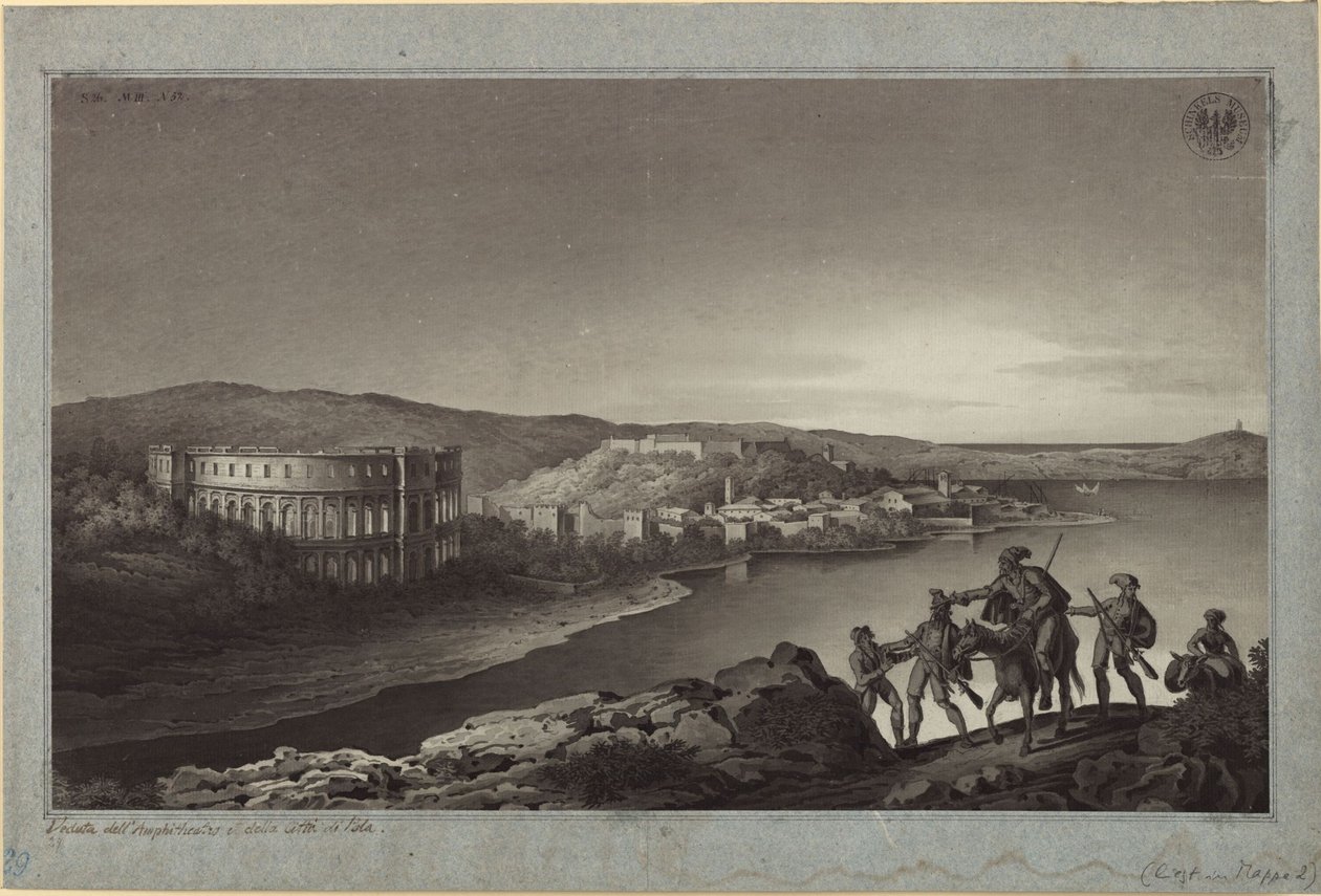 Uitzicht op het amfitheater en de stad Pola in Istrië door Karl Friedrich Schinkel