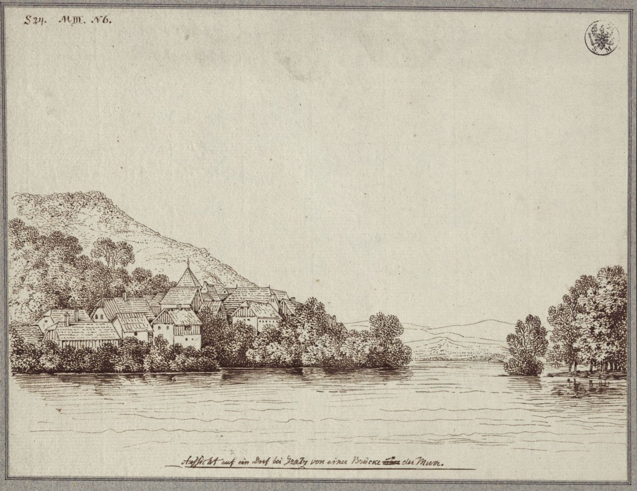 Gezicht op een dorp bij Graz vanaf een brug over de Mur door Karl Friedrich Schinkel