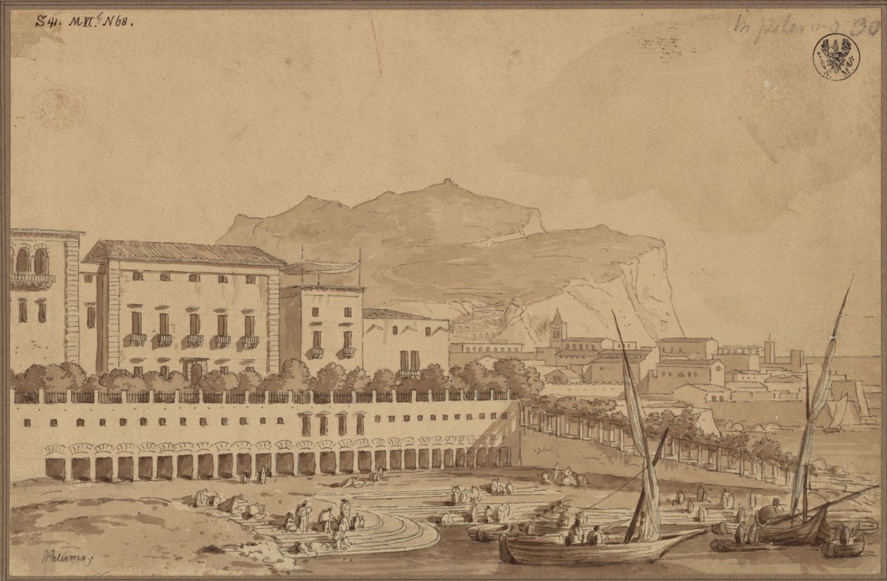 "Uitzicht vanaf het balkon van mijn appartement in Palermo, de kleine stadshaven, in de verte de Monte Pelegrino [Pellegrino]" door Karl Friedrich Schinkel