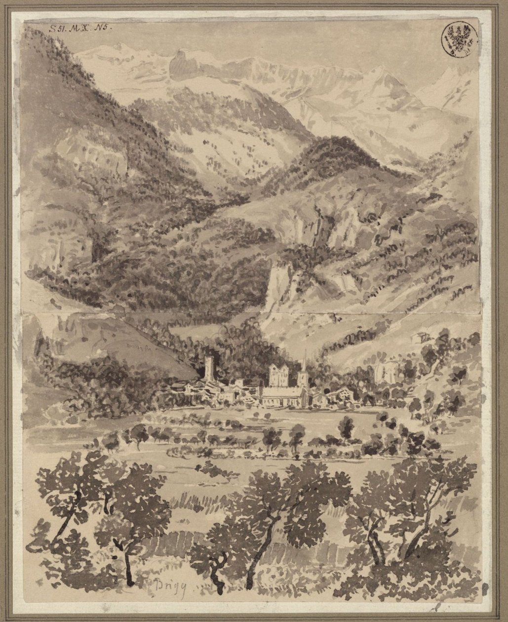 Gezicht op Brig en omgeving in het Zwitserse kanton Wallis door Karl Friedrich Schinkel