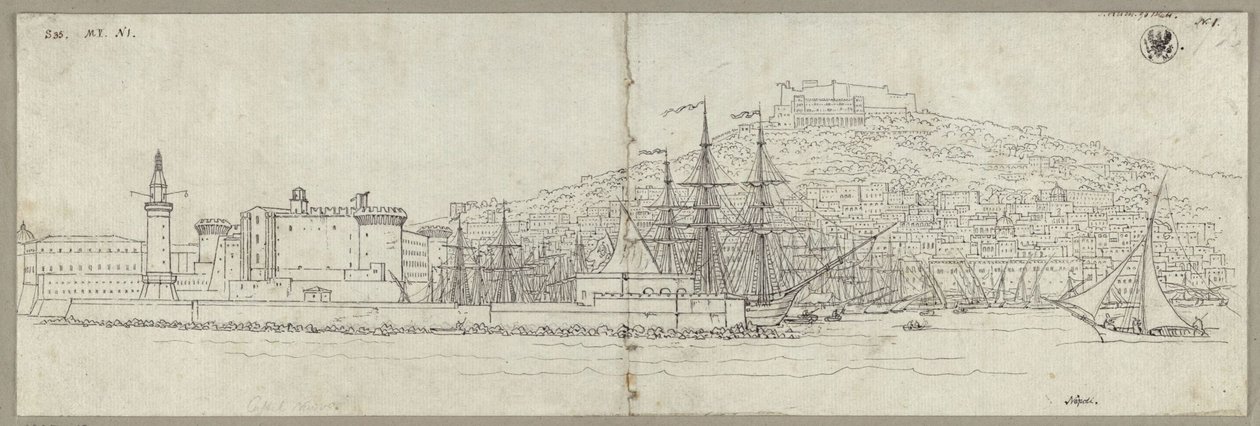 Gezicht op Napels met de haven, het Castel Nuovo, de vuurtoren en het Castel Sant