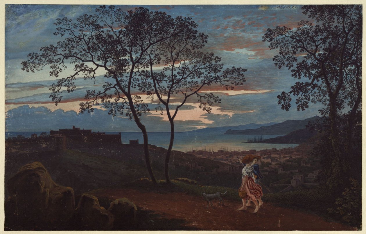 Gezicht op Triëst vanaf een hoogte bij avondstemming door Karl Friedrich Schinkel