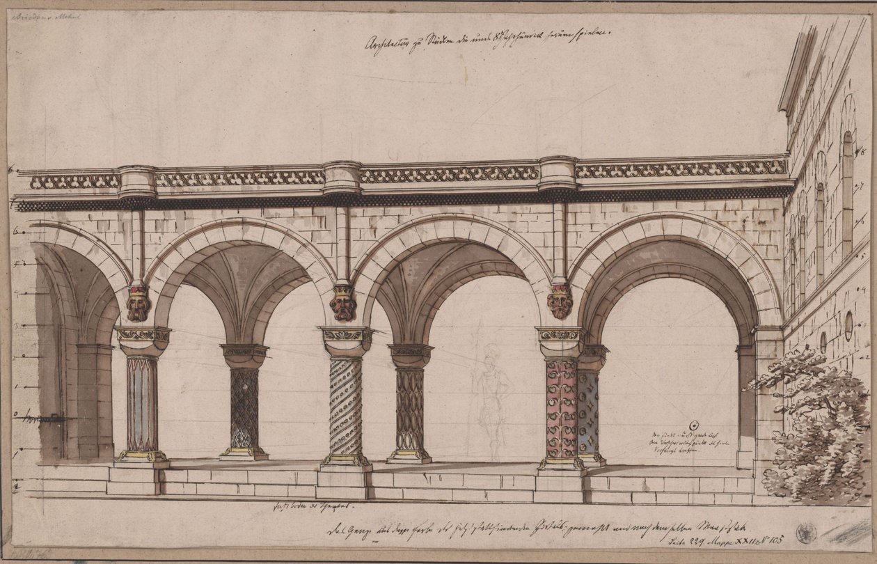 Ariodant. Opera van Étienne Nicolas Méhul. Ontwerp voor het 1e decor. Arcadengang / Een galerij door Karl Friedrich Schinkel