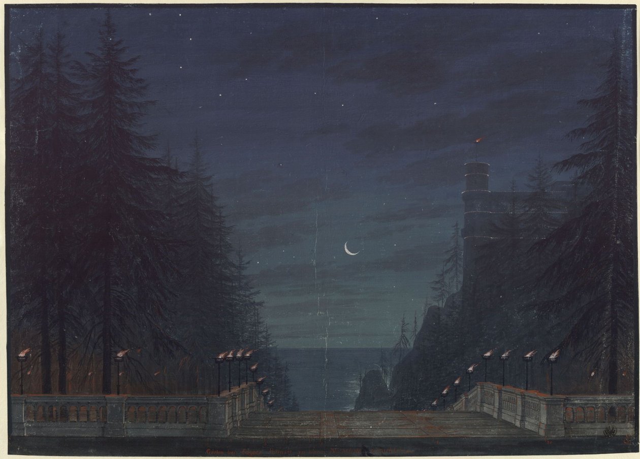 Ariodan. Opera van Etienne Nicolas Méhul. Ontwerp voor het tweede decor. Tuin bij het paleis van Edgar door Karl Friedrich Schinkel