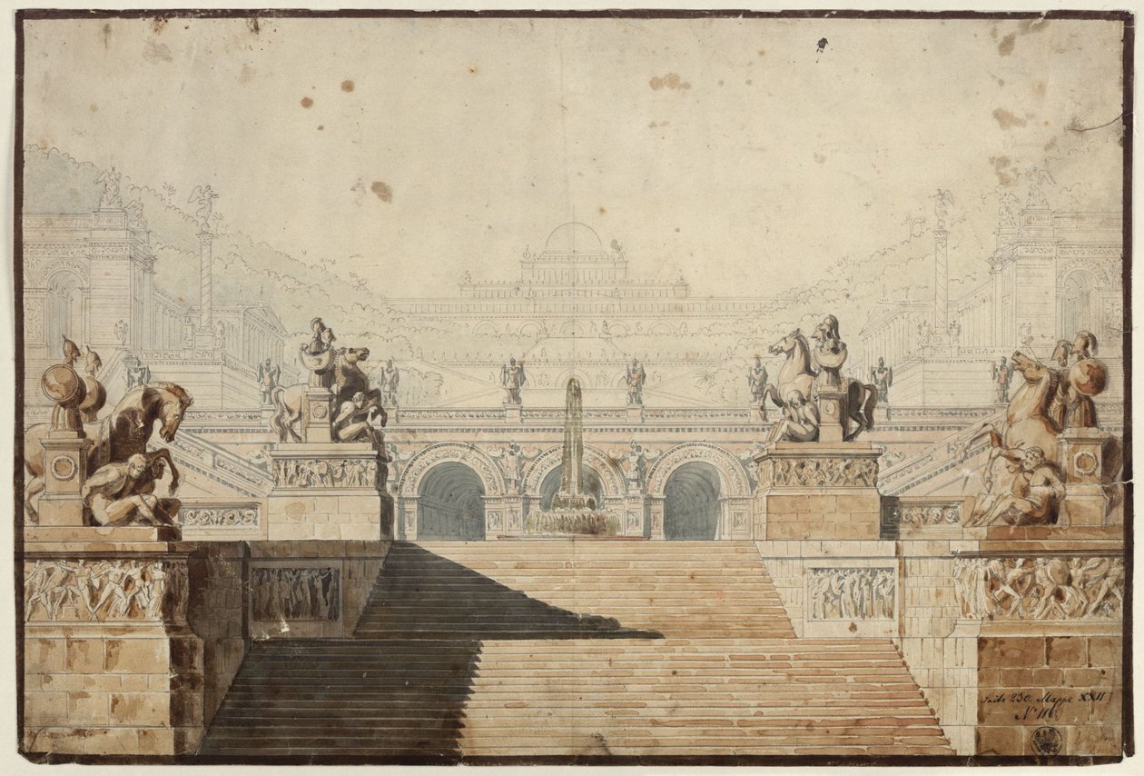 Armida. Opera van Christoph Willibald Gluck. Ontwerp voor het 1e decor. Paleis met trappencomplex door Karl Friedrich Schinkel