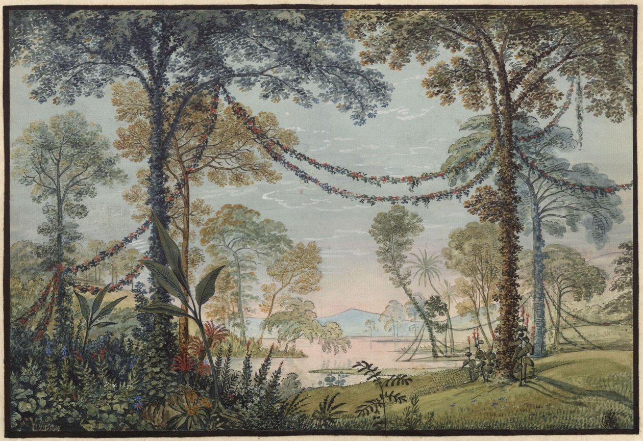 Armida. Opera van Christoph Willibald Gluck. Ontwerp voor het derde decor. Met slingers versierd bosje aan de oever van het meer door Karl Friedrich Schinkel