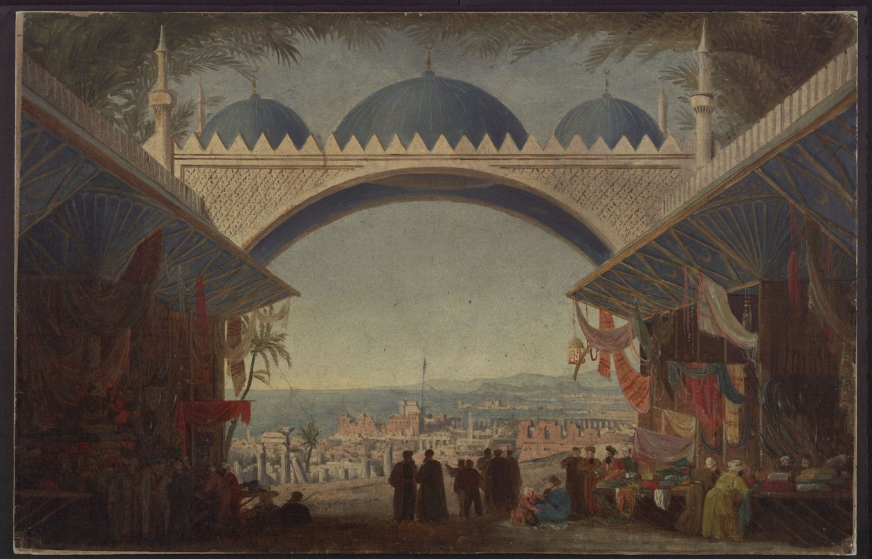 Aucassin en Nicolette. Opera van Georg Abraham Schneider. Ontwerp voor het 5e decor. Bazaar in Tunis door Karl Friedrich Schinkel