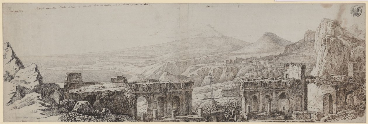 “Uitzicht vanaf het antieke theater in Taormina over de kust van Catania en de Monte Gibello of Etna” door Karl Friedrich Schinkel