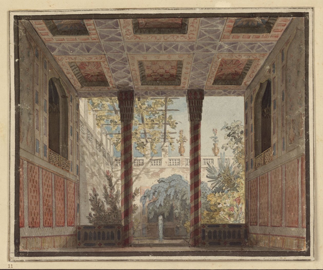 Axur, koning van Ormus. Opera van Antonio Salieri. Ontwerp voor het 6e decor. Tuinkamer van Astasia door Karl Friedrich Schinkel