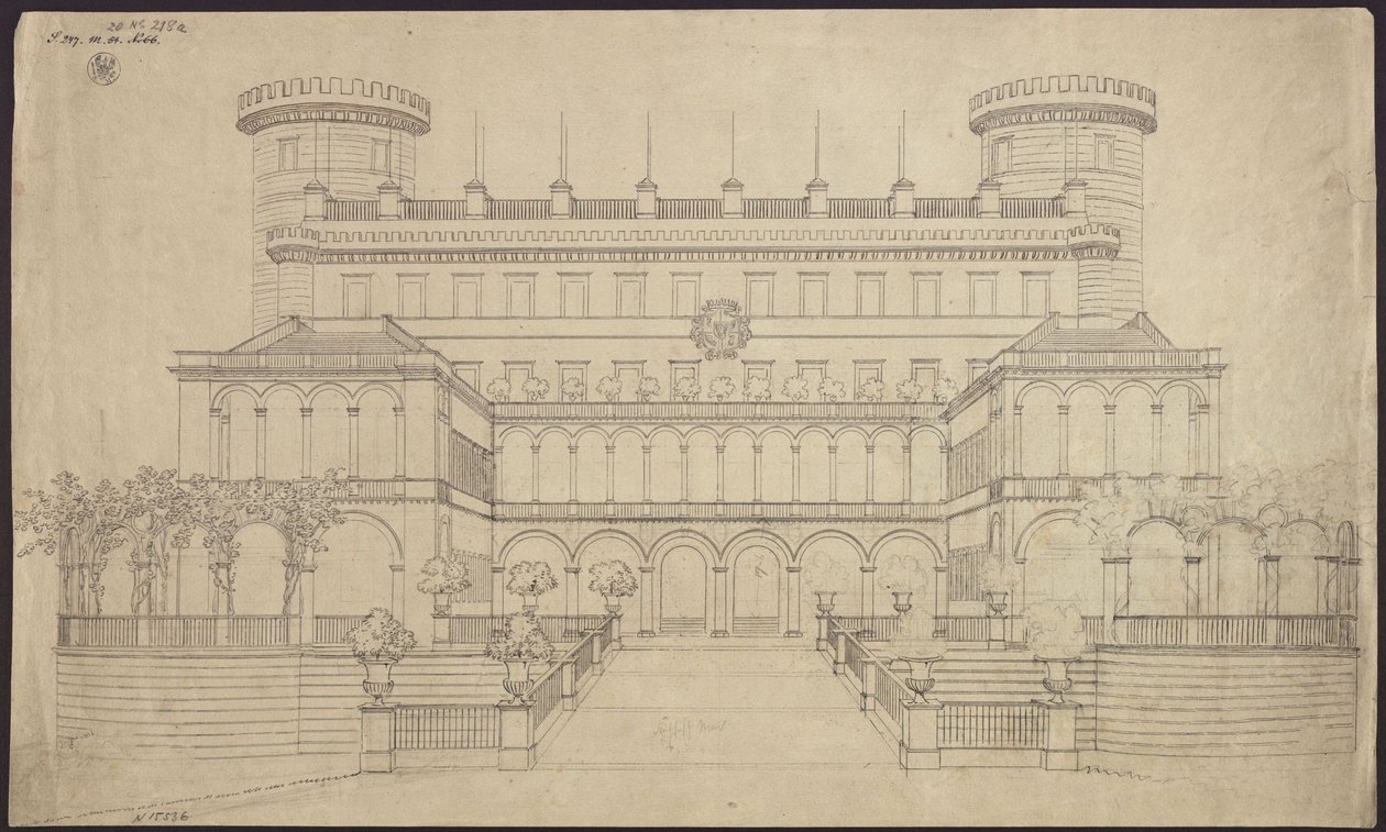 Bad Muskau. Kasteel. Eerste verbouwingsvoorstel. Aanzicht van de zuidzijde door Karl Friedrich Schinkel