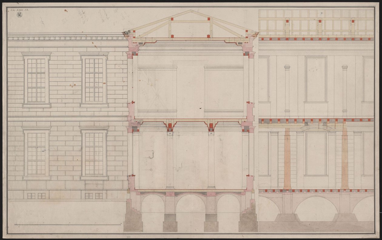 Berlijn. Academiegebouw Unter den Linden. Gedeeltelijke opstand van de gevel, detail van gedeeltelijke lengtedoorsnede en dwarsdoorsnede door Karl Friedrich Schinkel