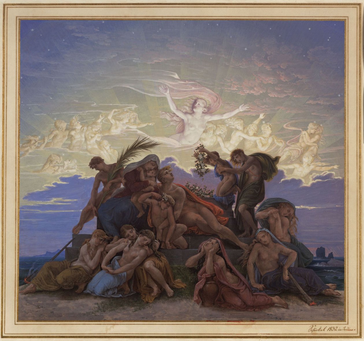 Berlijn. Altes Museum aan de Lustgarten. Ontwerp voor het muurschildering "Rouw bij de tumulus" door Karl Friedrich Schinkel