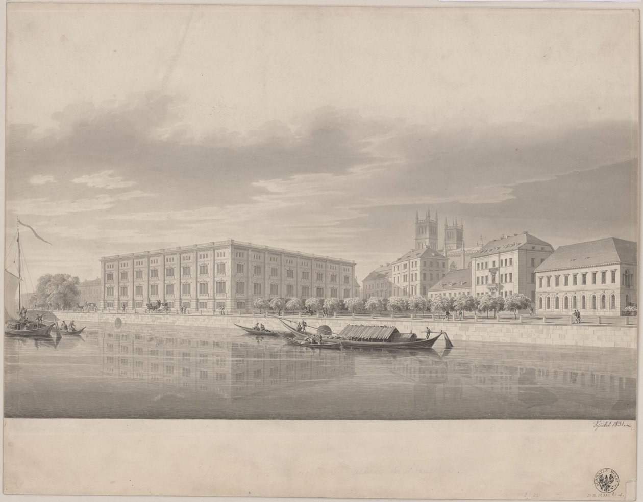 Berlijn. Bouwacademie. Perspectivisch uitzicht vanaf de Slotbrug door Karl Friedrich Schinkel