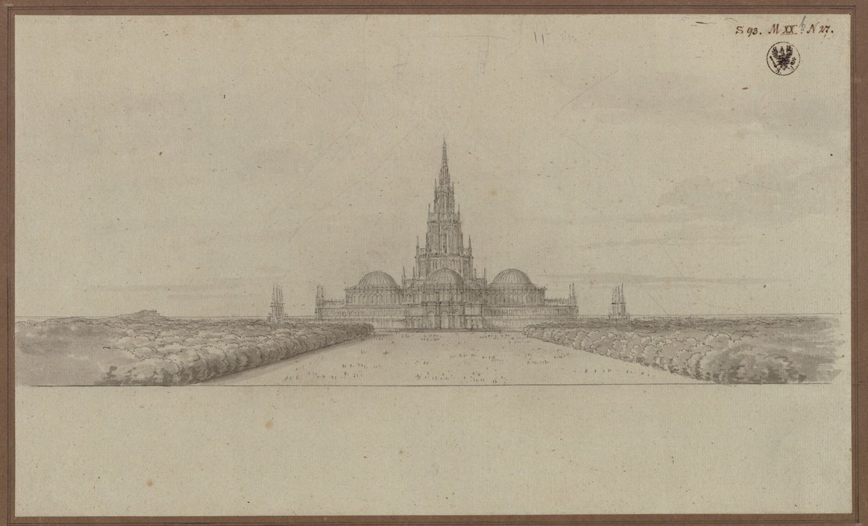 Berlijn. Ontwerp voor een dom als monument voor de bevrijdingsoorlogen (Bevrijdingsdom), met vieringtoren en koepels boven de transeptarmen door Karl Friedrich Schinkel