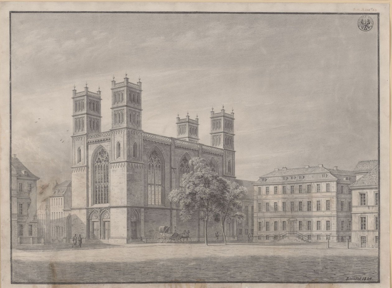 Berlijn. De Friedrichswerdersche Kirche. Perspectieftekening en variant met vier hoektorens door Karl Friedrich Schinkel