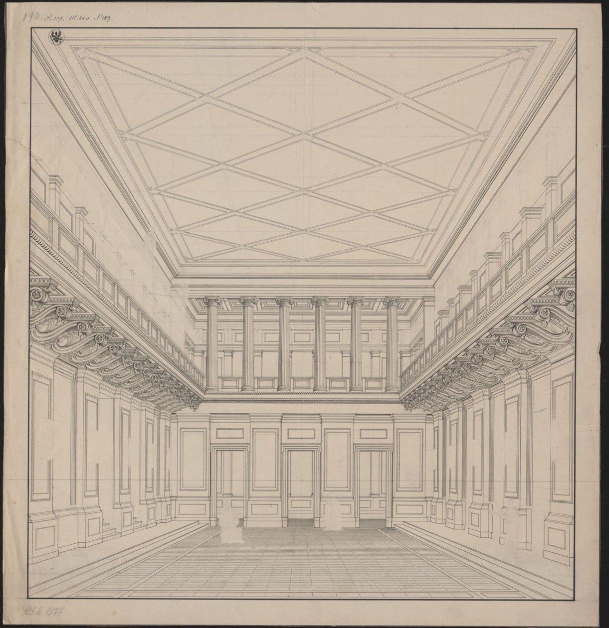 Berlijn. Schauspielhaus aan de Gendarmenmarkt, concertzaal. Aanzicht door Karl Friedrich Schinkel