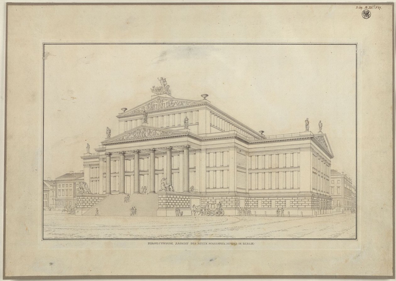 Berlijn. Schauspielhaus aan de Gendarmenmarkt. Perspectivisch aanzicht van de voorzijde door Karl Friedrich Schinkel