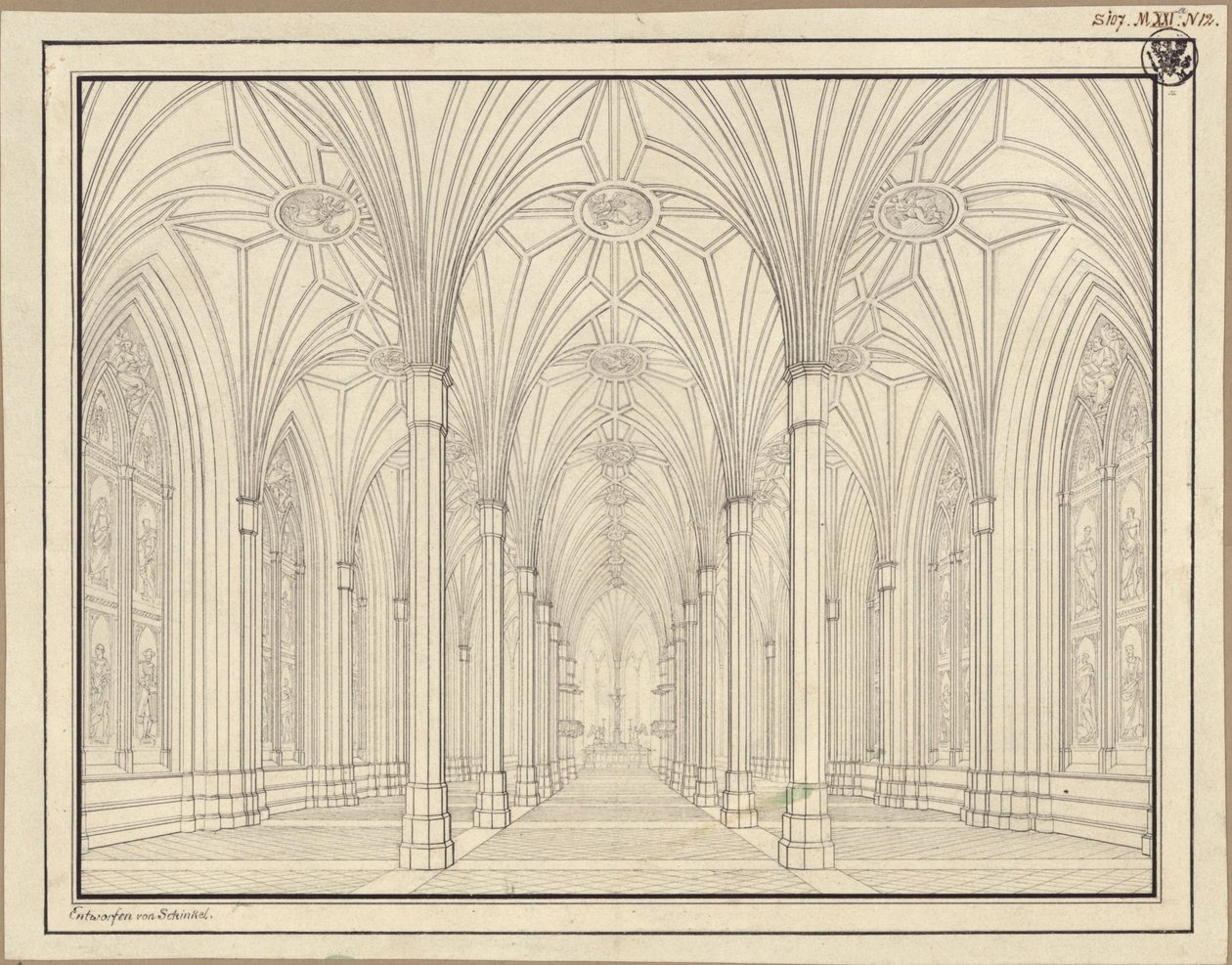 Berlijn, Spittelmarkt. Ontwerp voor de Sint-Gertrudiskerk. Interieur, blik door het schip naar het koor door Karl Friedrich Schinkel
