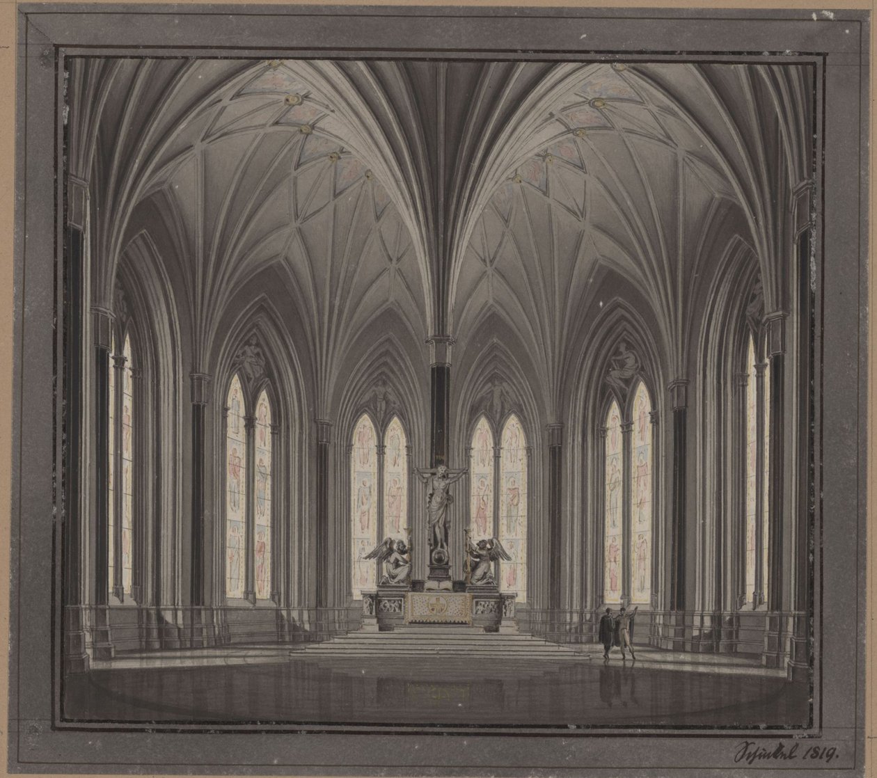 Berlijn, Spittelmarkt. Ontwerp voor de Sint-Gertrudiskerk. Binnenaanzicht van het koor door Karl Friedrich Schinkel