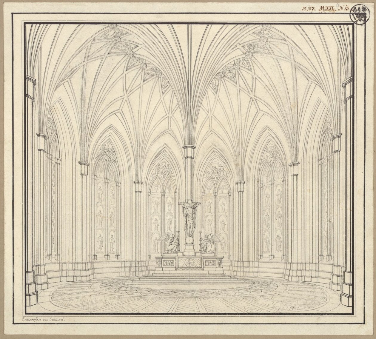 Berlijn, Spittelmarkt. Ontwerp voor de Sint-Gertrudiskerk. Interieurzicht van het koor door Karl Friedrich Schinkel