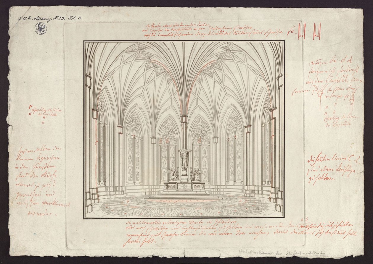 Berlijn, Spittelmarkt. Ontwerp voor de Gertraudkerk. Interieurzicht van het koor, met correcties door Karl Friedrich Schinkel