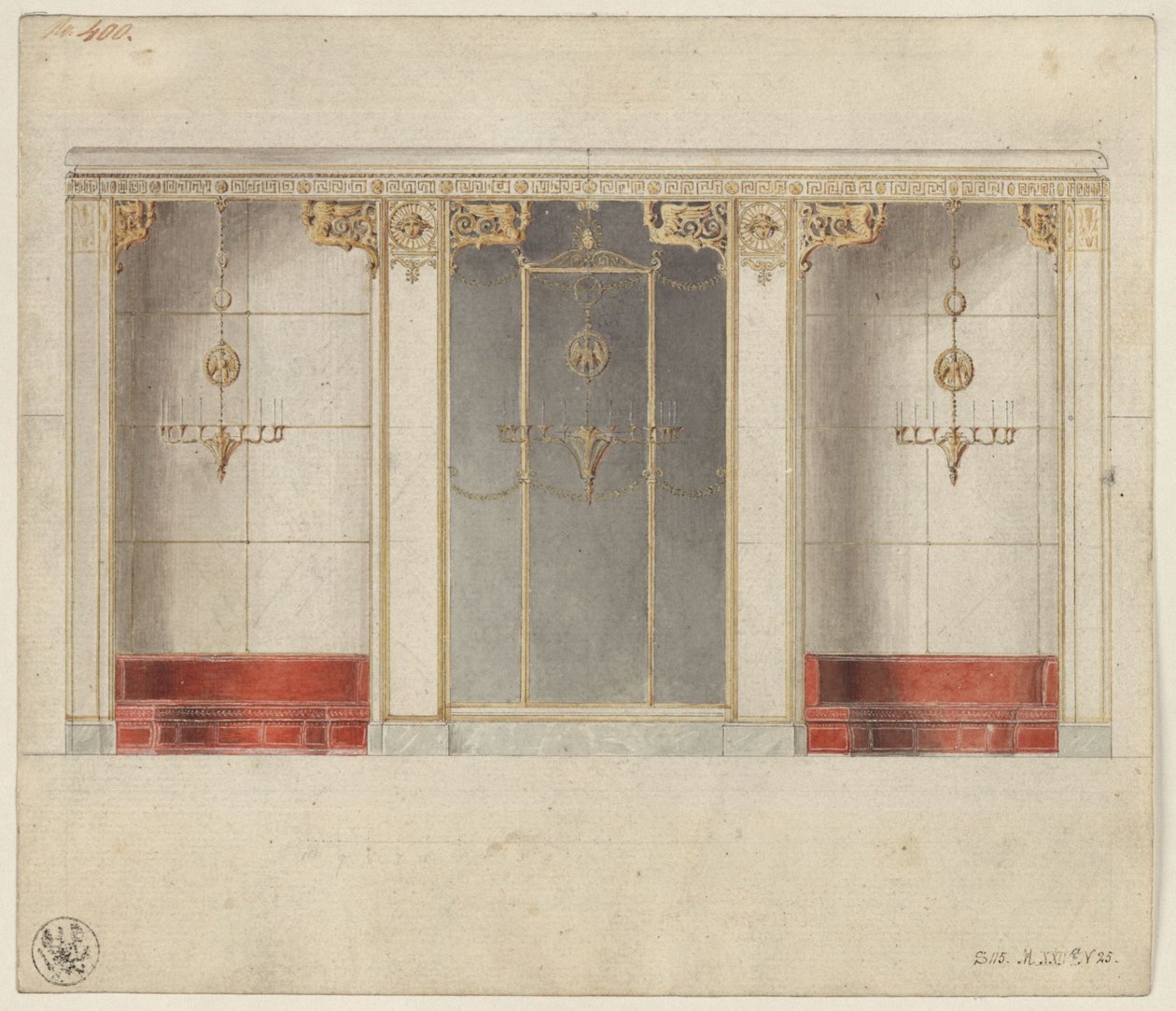 Berlijn, Wilhelmstraße 102. Paleis van prins Albrecht van Pruisen, ontwerp voor de marmerzaal door Karl Friedrich Schinkel